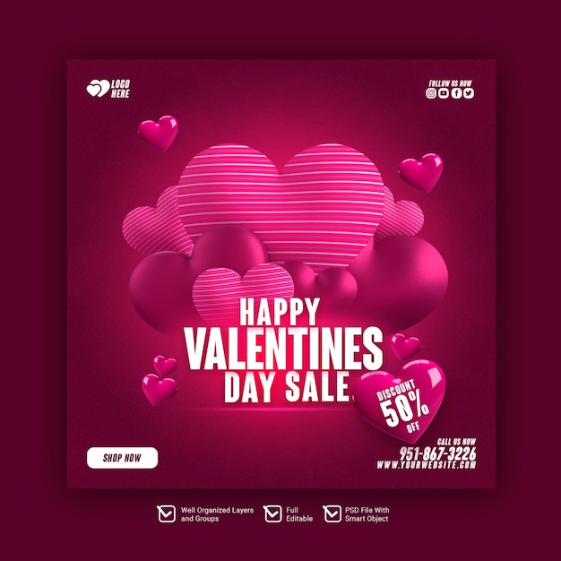 Happy valentine's day discount sale social media banner or instagram post template