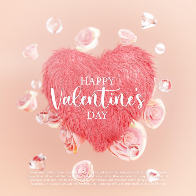 Happy Valentine's Day Love Heart Fulffy bont tussen roze rozenblaadjes en Diamond Wedding Valentine Poster Template 3D Render