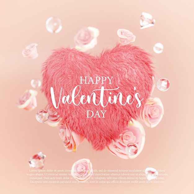 PSD buon san valentino love heart fulffy fur tra petali di rosa rosa e diamond wedding valentine poster template 3d render