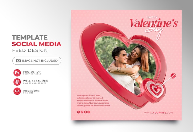 Happy valentine's day social media post in 3d render with cartoon target and arrows