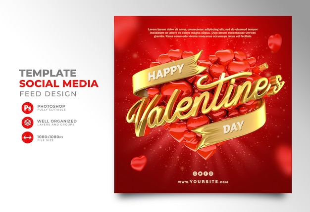 Happy valentine's day social media post in 3d render with heart and golden ribbon