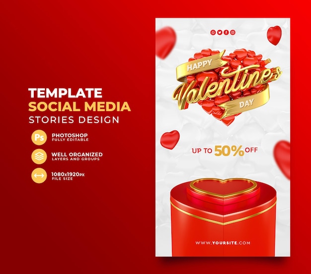 Buon post sui social media di san valentino in rendering 3d con podio e offerta speciale