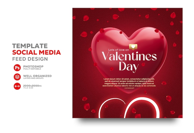 Happy valentine's day social media post in 3d render with red heart