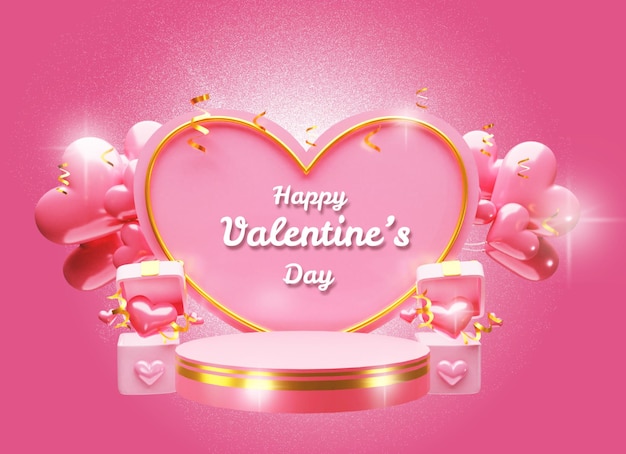 Happy valentine's day template with podium and heart shape surrounded by heart balloons