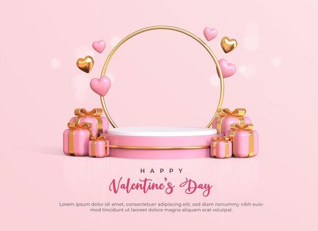 Happy valentine's day with 3d empty podium and romantic valentine decorations