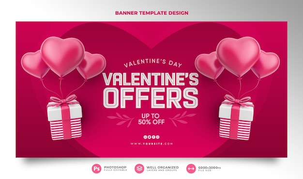 Happy valentine's sale biedt banner in 3d-weergave met geschenkdoos en ballonnen