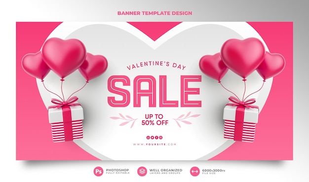 Happy valentine's Sale предлагает баннер в 3D-рендеринге с подарочной коробкой и воздушными шарами