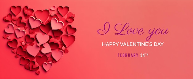 PSD 幸せなバレンタインデーのバナー、装飾的な愛の心とギフトで休日のロマンチックな背景のモックアップ