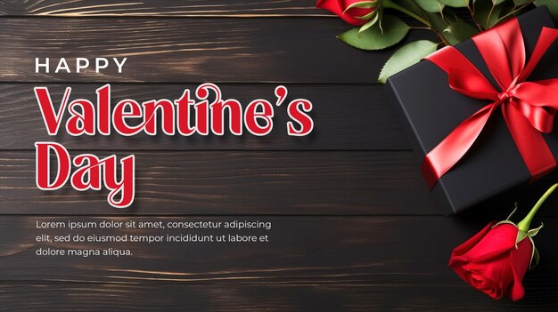 선물 상자와 어두운 배경에 빨간 장미와 함께 행복한 발렌타인 데이 배너 템플릿