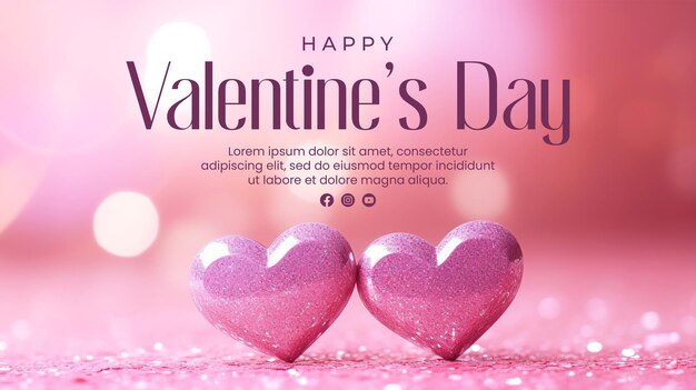 Happy valentines day banner template with hearts on pink glitter in shiny background