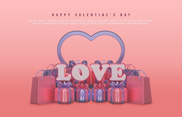 PSD happy valentines day banner with 3d metallic text and valentine ornaments