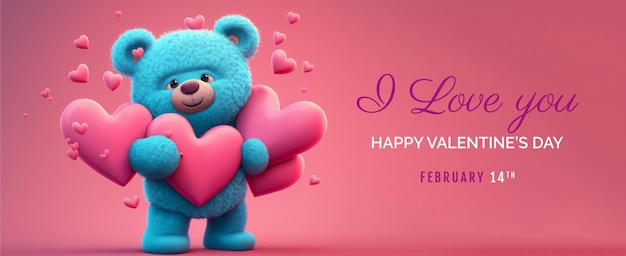 PSD felice giorno di san valentino orso banner, vacanza sfondo romantico mockup con cuori d'amore decorativi