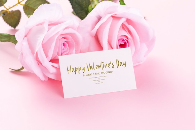 PSD happy valentines day blank card with pink roses mockup