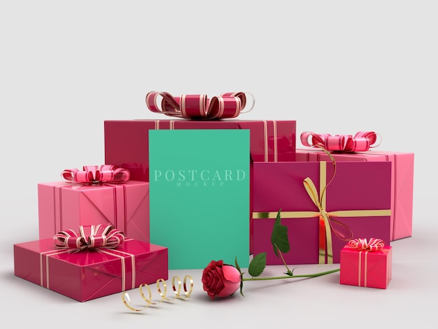 Happy Valentines Day Celebration Gift Box with Card Mockup
