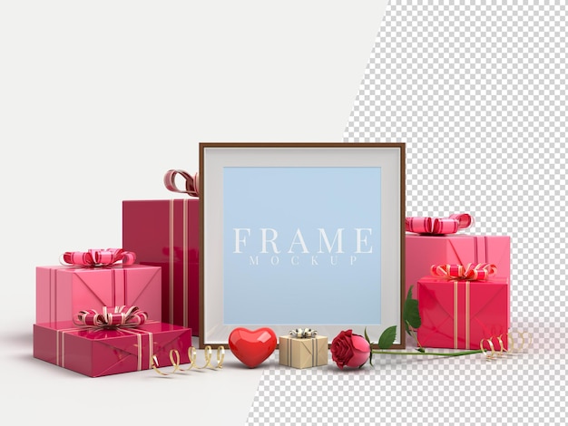 Happy Valentines Day. Celebration party with gift box decorations and picture frame mockup template. 3d Rendering