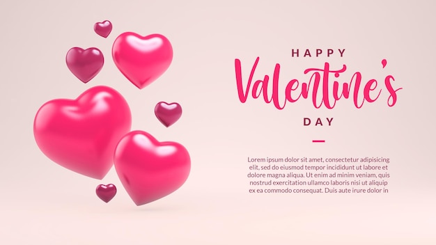 happy valentines day greeting card template with hearts in 3d rendering