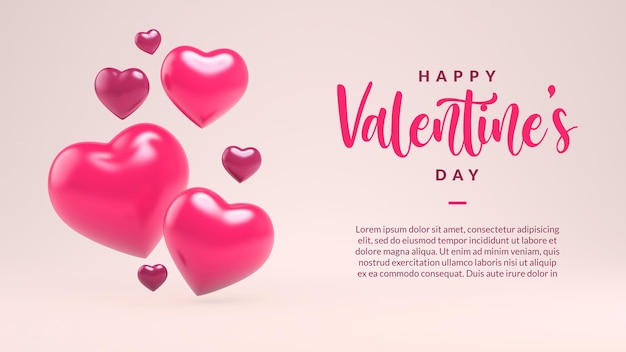 PSD happy valentines day greeting card template with hearts in 3d rendering