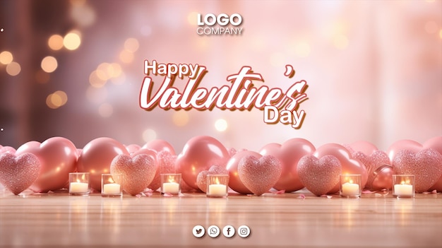 Happy Valentines Day holiday banner Greeting background with abstract 3d composition for Valentine