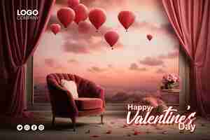 PSD felice banner per le vacanze di san valentino sfondo di auguri con composizione astratta 3d per san valentino