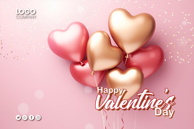 PSD happy valentines day holiday banner greeting background with abstract 3d composition for valentine