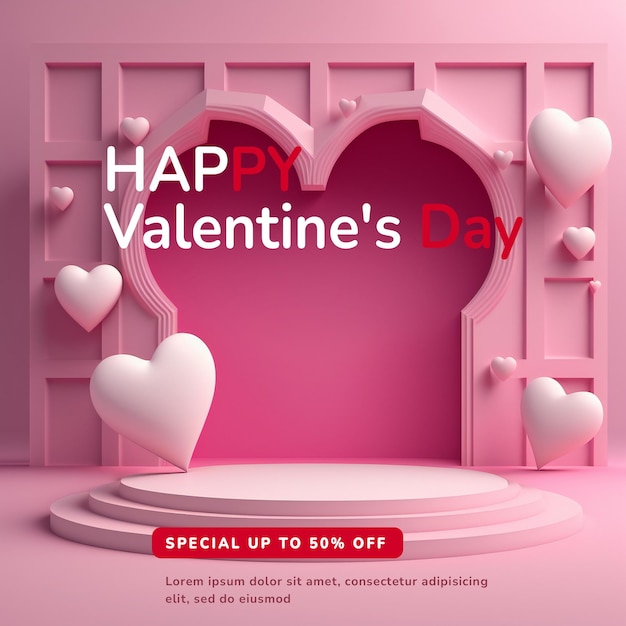 happy valentines day podium. holiday romantic background mockup with decorative love hearts
