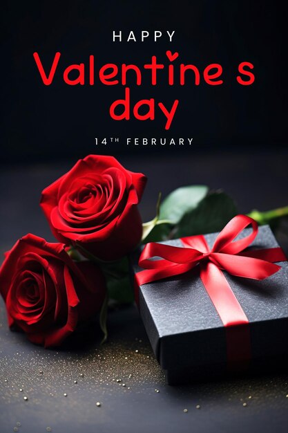 Happy valentines day poster template with gift box and red rose and dark background