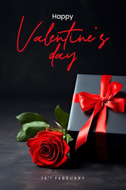 Modello di poster di happy valentine's day con scatola regalo e rosa rossa e sfondo scuro