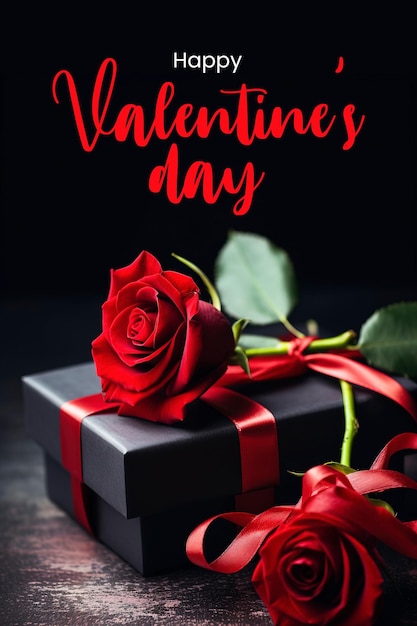 Happy valentines day poster template with gift box and red rose and dark background