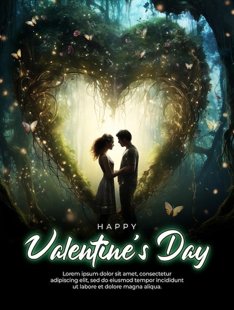 PSD happy valentines day poster template with meet magical creatures who are guardians of love