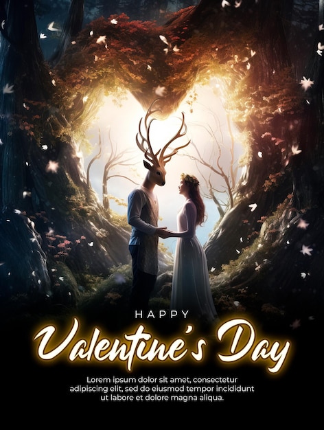 PSD modello di poster di felice giorno di san valentino con incontra le creature magiche che sono i guardiani dell'amore