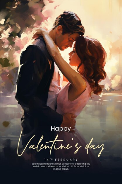 PSD happy valentines day poster template with romantic couple background