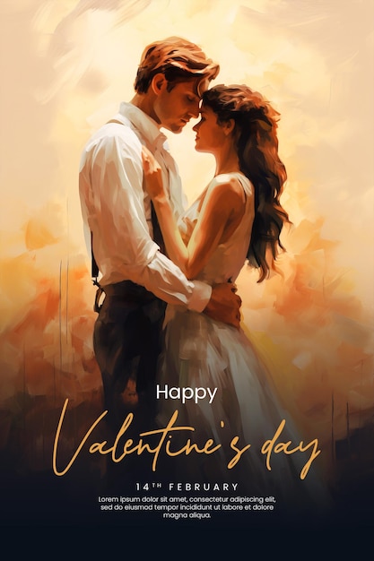 Happy valentines day poster template with romantic couple background