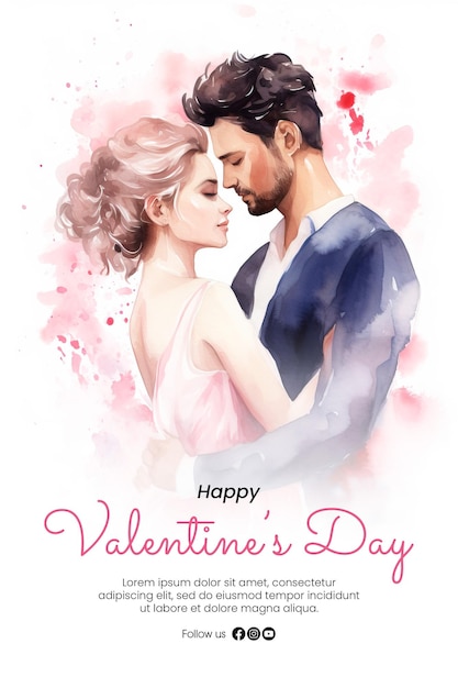 PSD happy valentines day poster template with romantic couple in watercolor style background