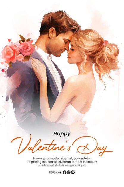 PSD modello di poster di buon giorno di san valentino con coppia romantica sullo sfondo in stile acquerello