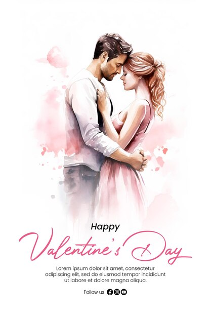 PSD happy valentines day poster template with romantic couple in watercolor style background