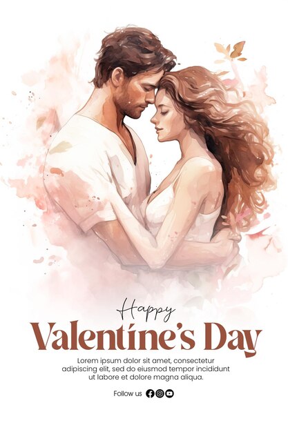 PSD happy valentines day poster template with romantic couple in watercolor style background