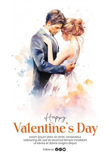 PSD modello di poster di buon giorno di san valentino con coppia romantica sullo sfondo in stile acquerello