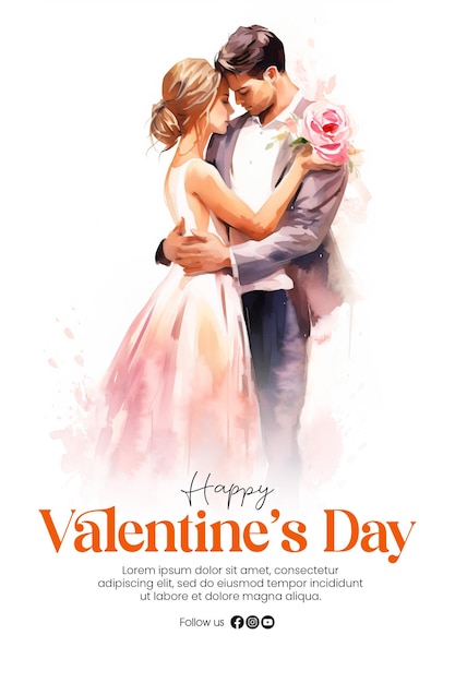 PSD happy valentines day poster template with romantic couple in watercolor style background