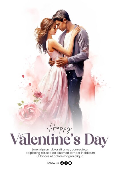 PSD happy valentines day poster template with romantic couple in watercolor style background