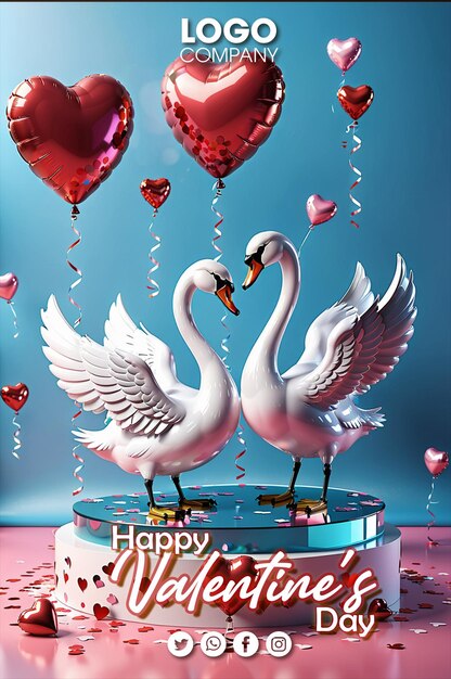 PSD 행복한 발렌타인 데이 포스터 두 개의 백조가 심장을 만들고