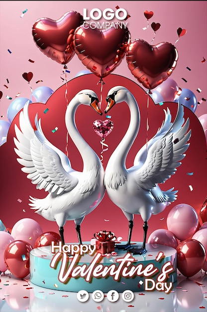 행복한 발렌타인 데이 포스터 두 개의 백조가 심장을 만들고