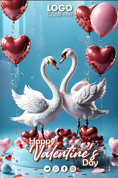 Happy valentines day poster two swans making a heart