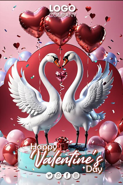 Happy valentines day poster two swans making a heart