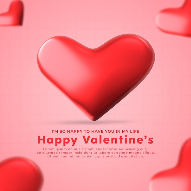 PSD happy valentines day social media template with 3d rendered heart shape premium psd