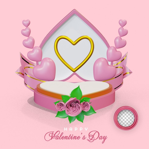 PSD buon san valentino con anello e rosa sul podio del cuore 3d