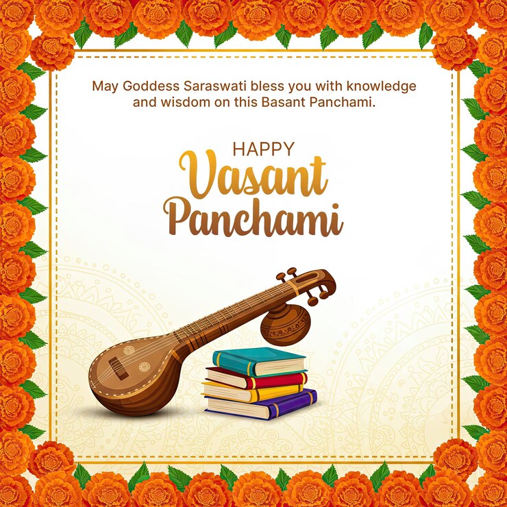 PSD happy vasant panchami greeting card and post maa saraswati pooja with text and sitar background
