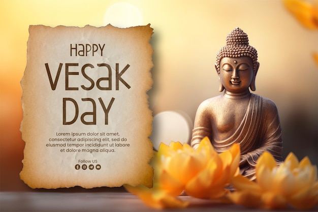 PSD happy vesak day banner template with buddha statue background blurred flowers and sky