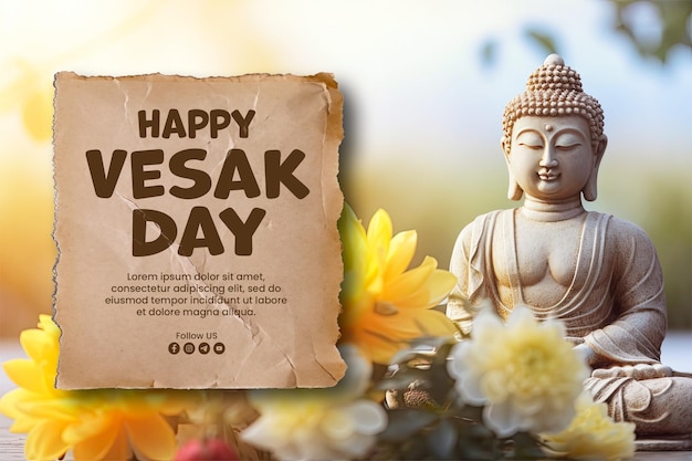 PSD happy vesak day banner template with buddha statue background blurred flowers and sky