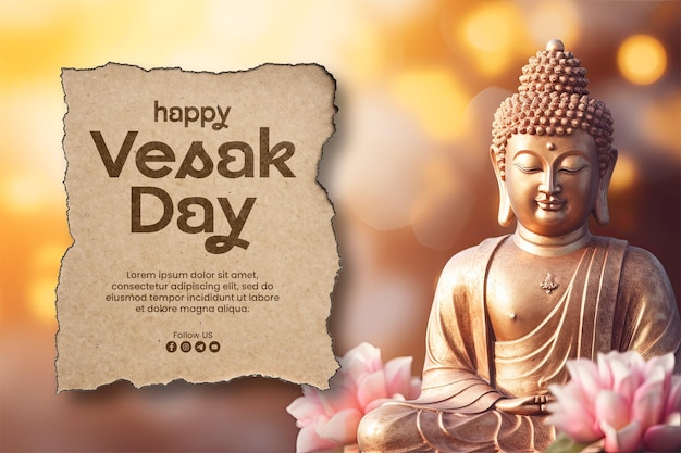 PSD happy vesak day banner template with buddha statue background blurred flowers and sky