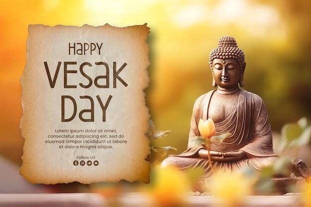 PSD happy vesak day banner template with buddha statue background blurred flowers and sky